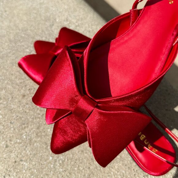 New Red Satin Oversized Bow Ballet Flat Mules Pointed Toe Slingback Slip-On Shoe - Picture 5 of 5